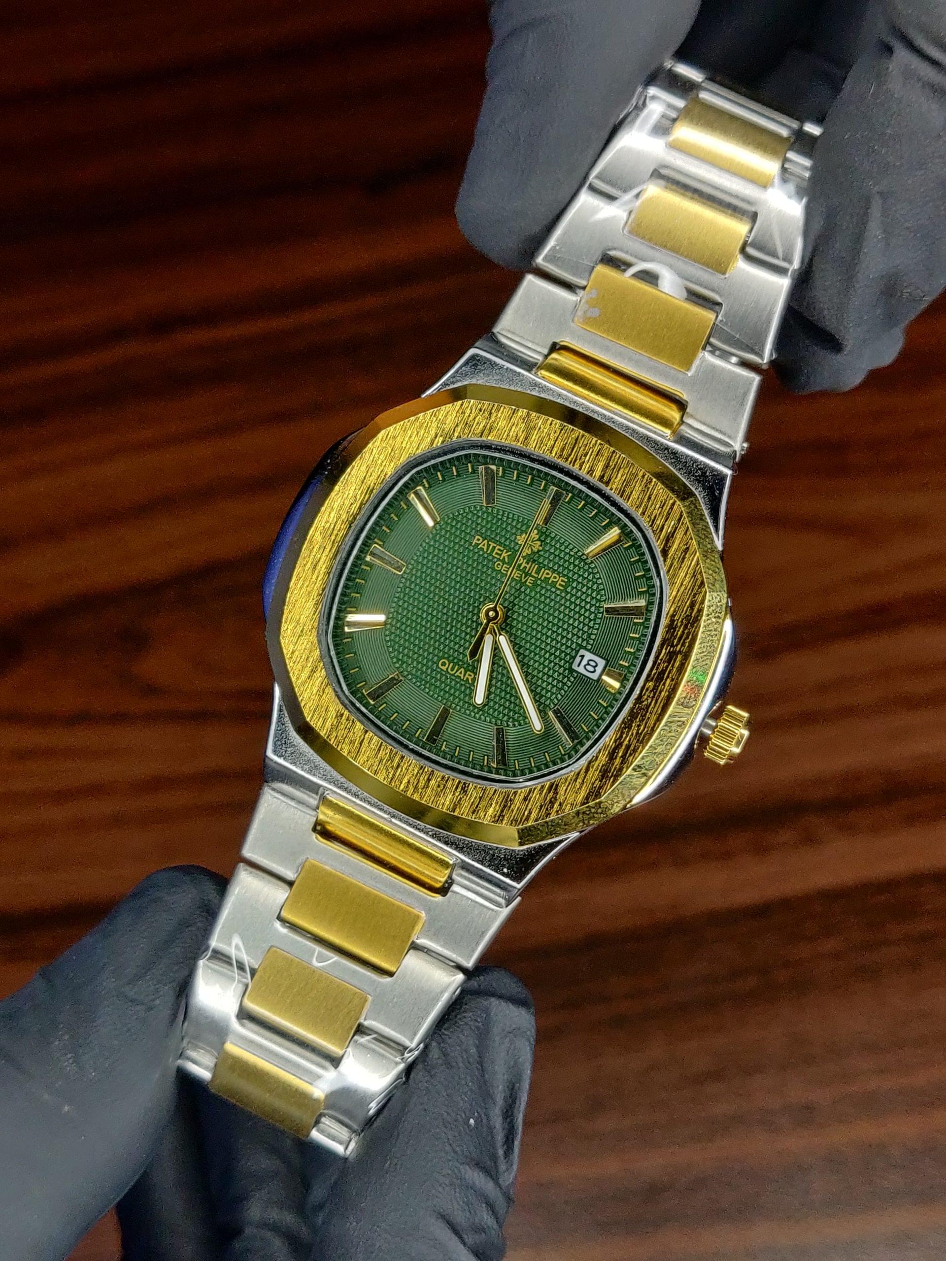 Patek Philippe Nautilus Quartz Two-Tone Green Dial Watch - Image 2